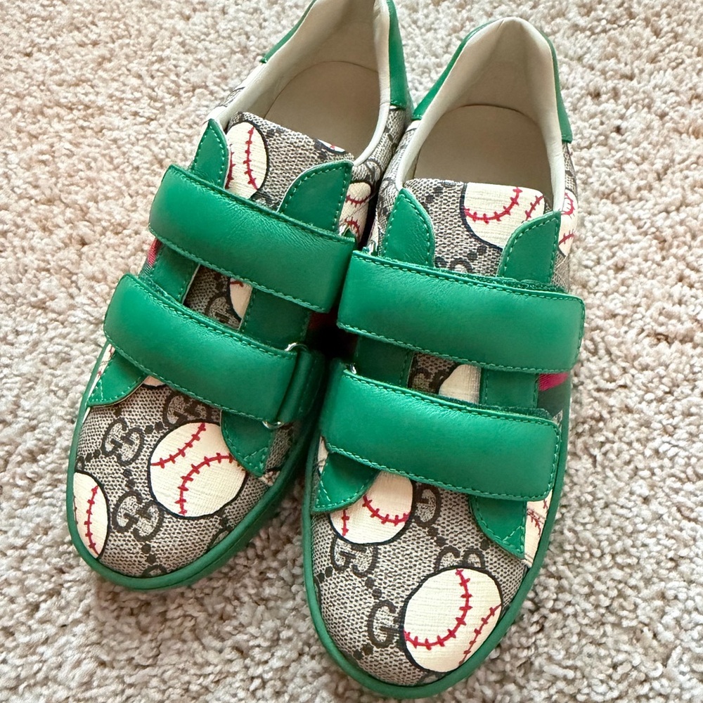 Authentic New Gucci Kids Baseball Print Green Leather Velcro Sneakers